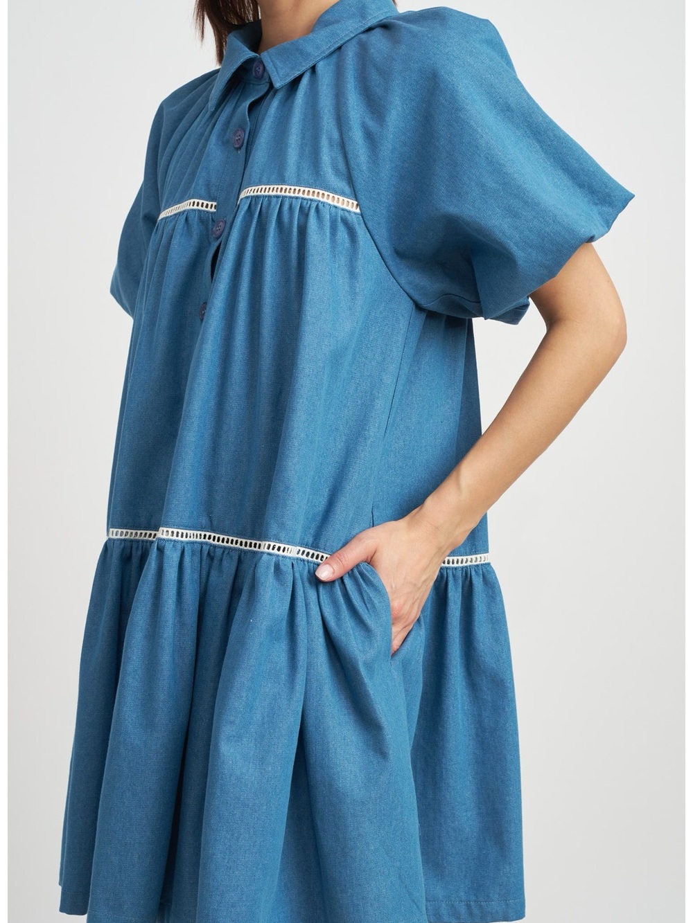En Saison Blue Short-Sleeve Tiered Mini Dress with White Trim
